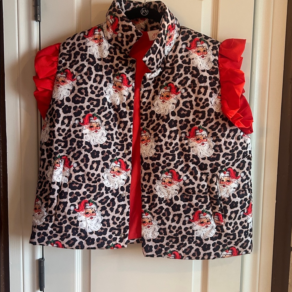 Leopard Print Vest with Santa Design and Red Ruffle Sleeves NEW - Picture 3 of 4